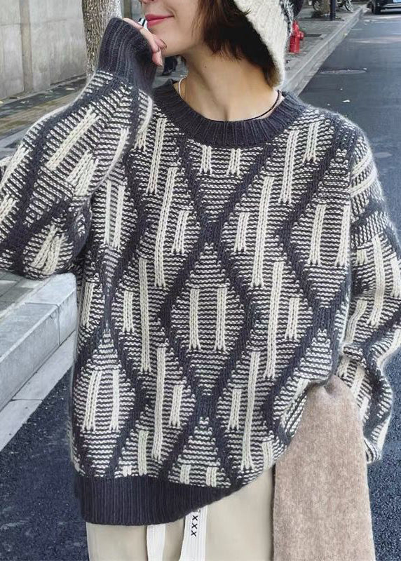 Dark Blue O-neck Thick Plaid Knit Sweaters Fall
