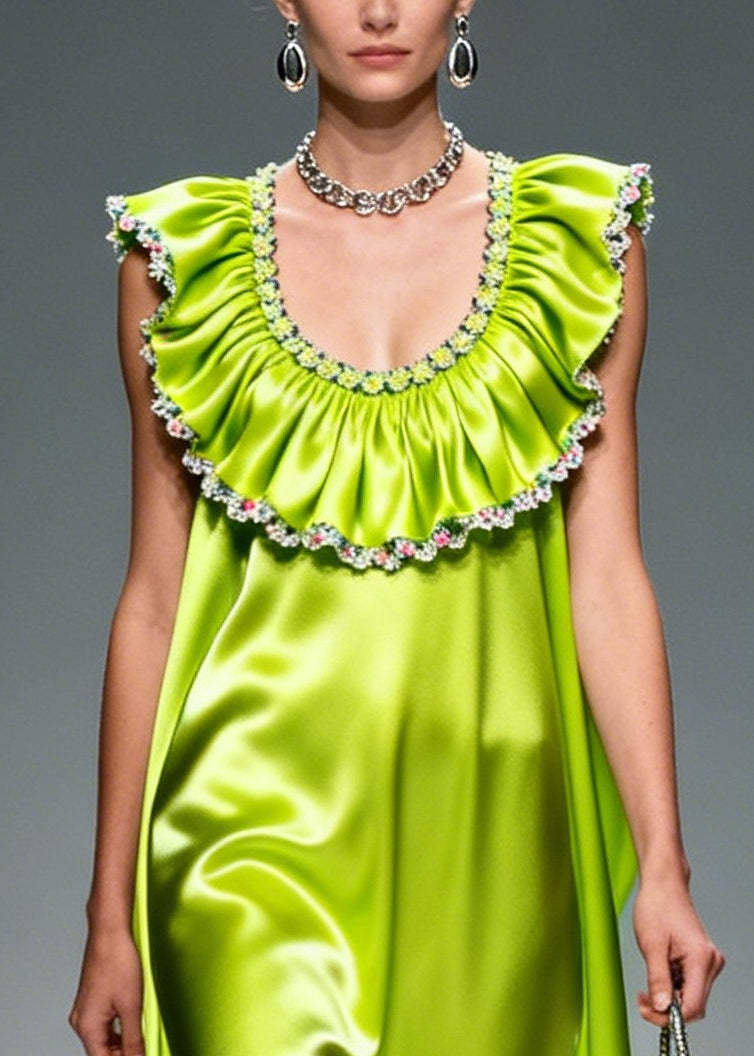 Fluorescent Green Ruffled Exra Large Hem Silk Maxi Dresses Sleeveless