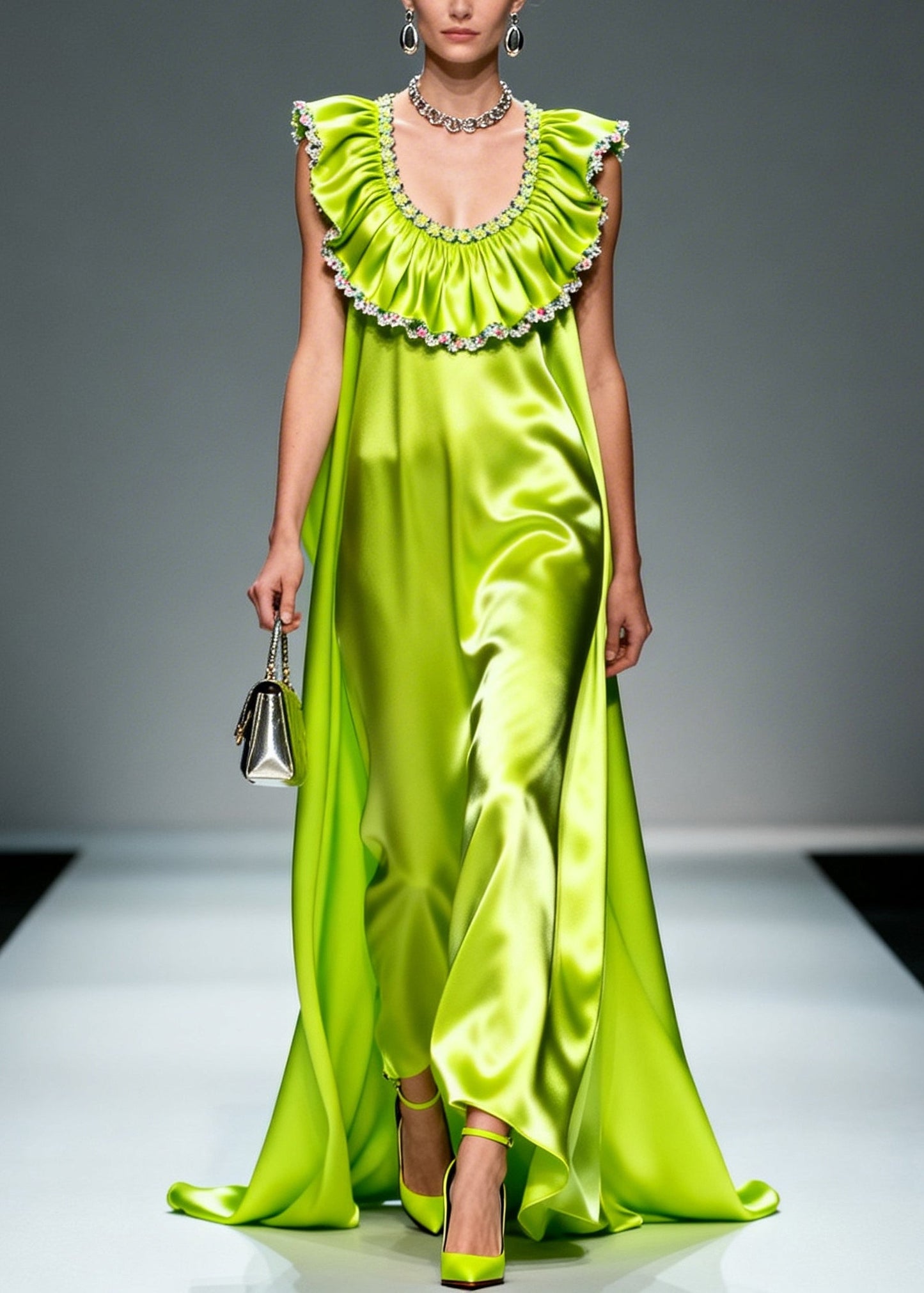 Fluorescent Green Ruffled Exra Large Hem Silk Maxi Dresses Sleeveless