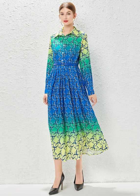Gradient Color Print Patchwork Sashes Chiffon Exra Large Hem Dress Fall