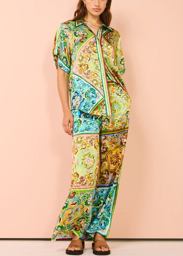 Green Button Print Pockets Cotton Two Pieces Set Summer