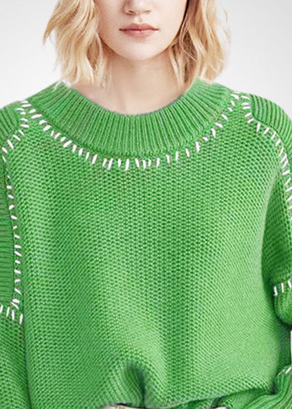 Green O-neck Oversized Thick Wool Short Sweater Winter