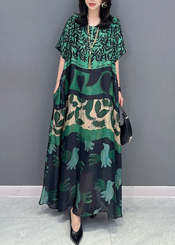 Brown Geometry O Neck Pockets Print Patchwork Silk Long Dresses Summer