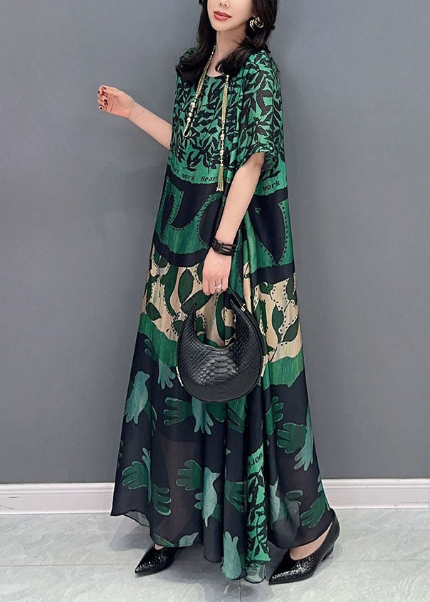Black Texture O Neck Pockets Print Patchwork Silk Long Dresses Summer