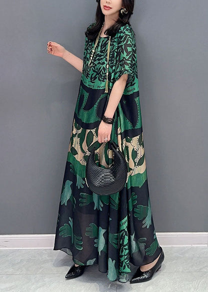 Black Cashew Nuts O Neck Pockets Print Patchwork Silk Long Dresses Summer