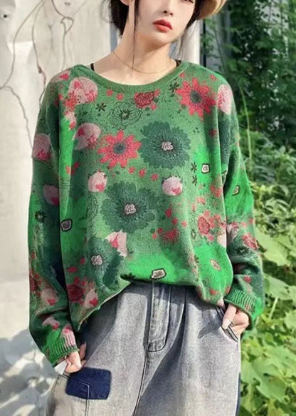 Green O-neck Print Knit Sweater Tops Winter