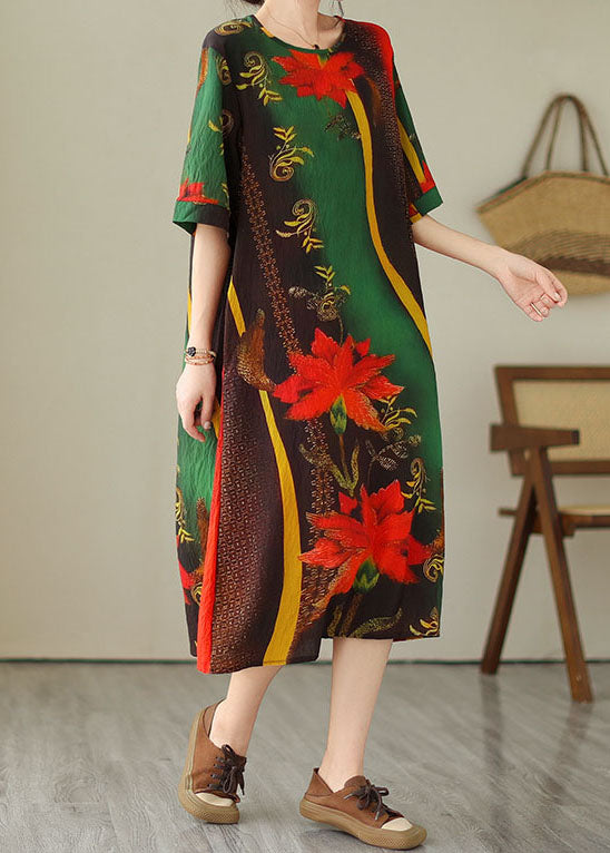 Green O Neck Print Patchwork Cotton Dress Summer