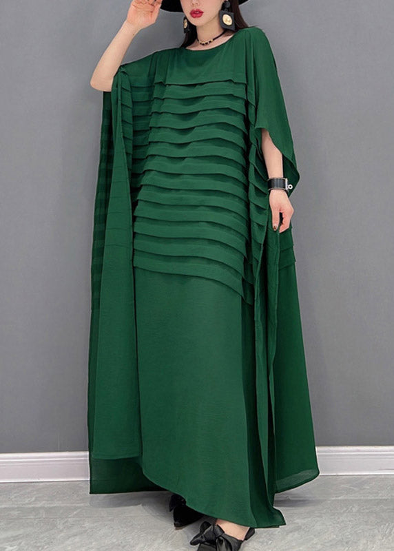 Red O-neck Striped Chiffon Ankle Dress Batwing Sleeve