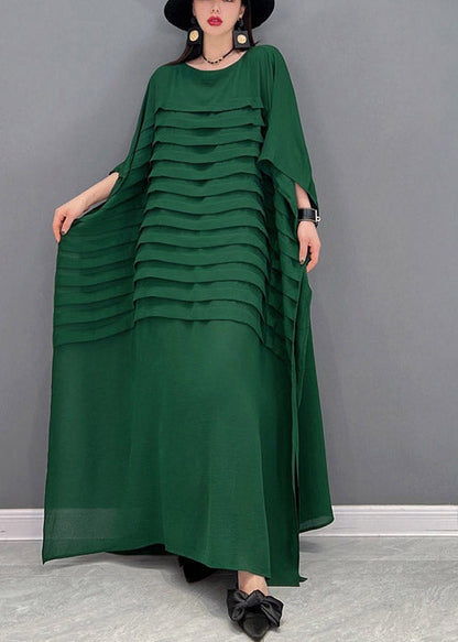 Black O-neck Striped Chiffon Ankle Dress Batwing Sleeve