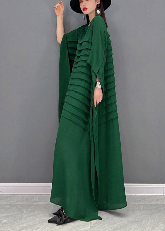 Blue O-neck Striped Chiffon Ankle Dress Batwing Sleeve