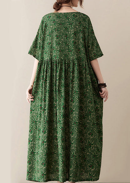 Green O-neck Wrinkled Exra Large Hem Print Cotton Long Dress Summer