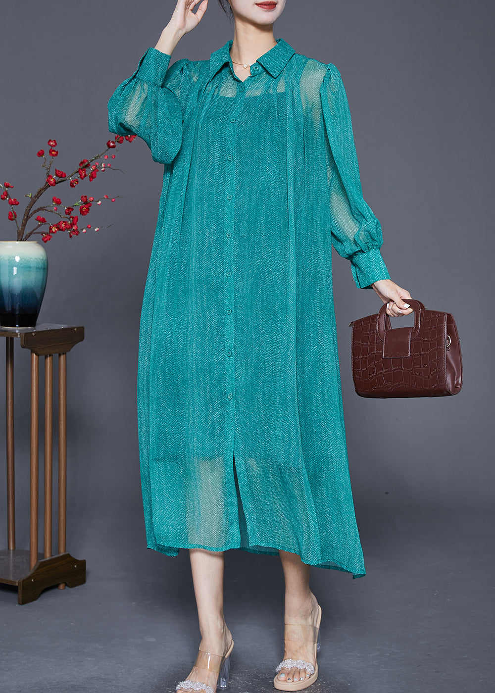 Green Oversized Draping Chiffon Two Pieces Set Summer
