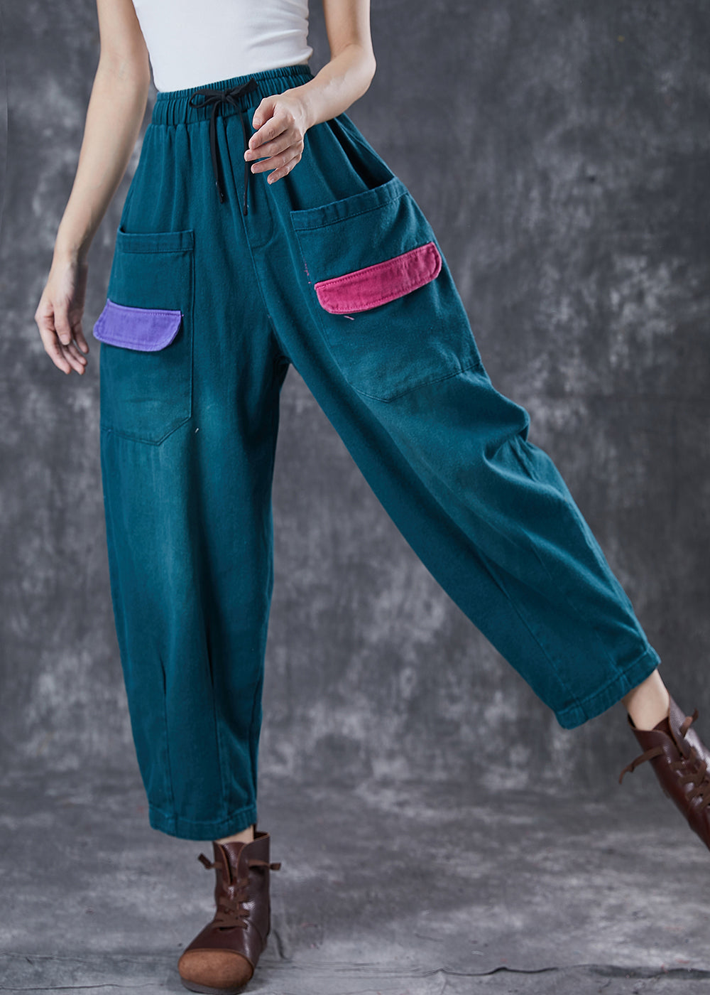 Green Oversized Patchwork Pockets Cotton Harem Pants Spring