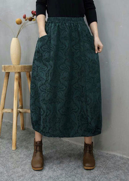 Green Pockets Jacquard Cotton Skirts Winter