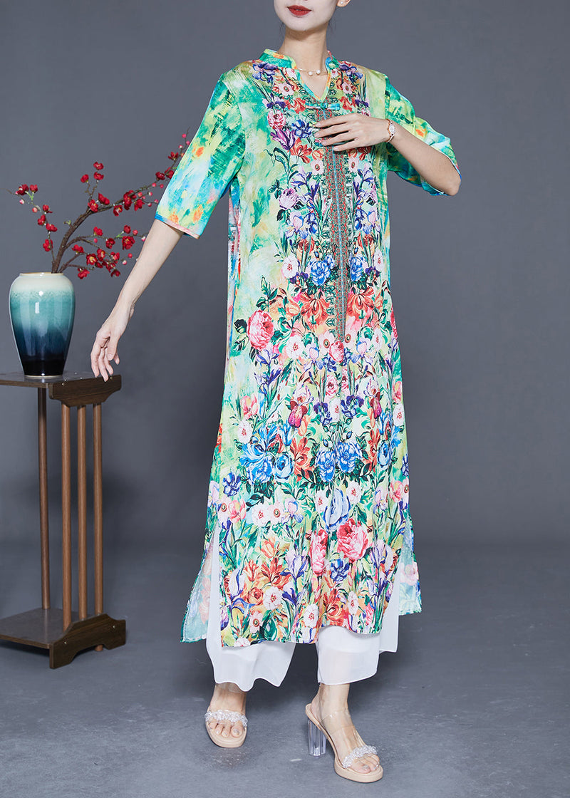 Green Print Chinese Button Chiffon Party Dress Summer