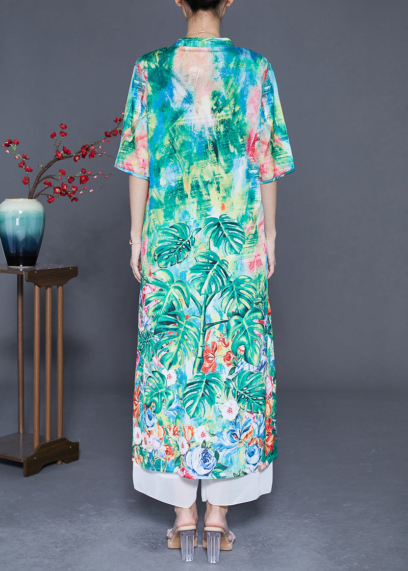 Green Print Chinese Button Chiffon Party Dress Summer