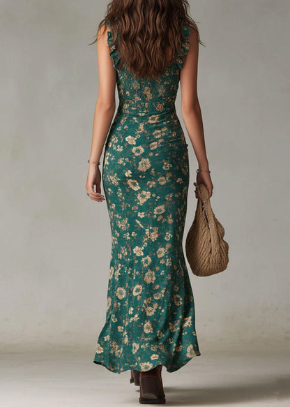 Green Ruffled Asymmetrical Print Chiffon Dress Summer