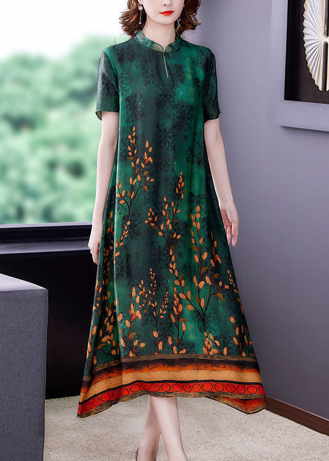 Green Ruffled Print Silk a Line Dress Summer