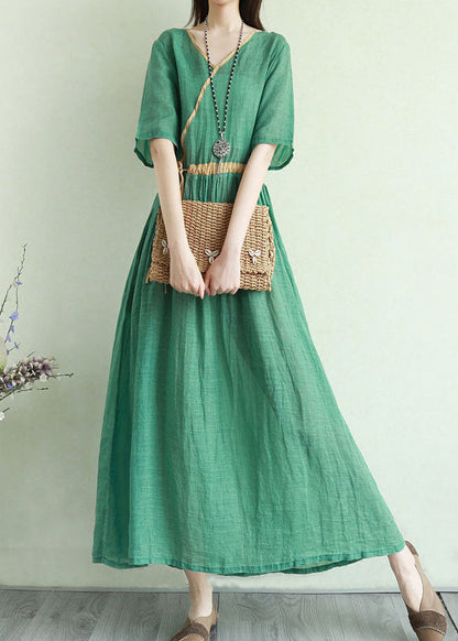 Green Tie Waist V Neck Patchwork Linen Dresses Half Sleeve