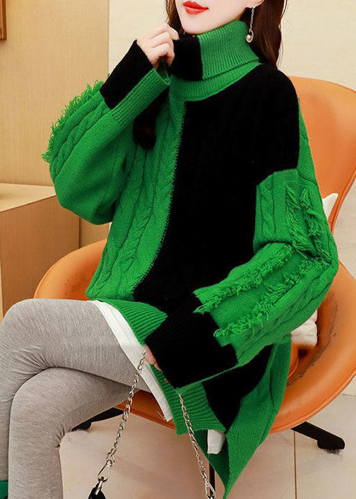 Green Turtle Neck Thick Patchwork Knit Sweater Tops Winter