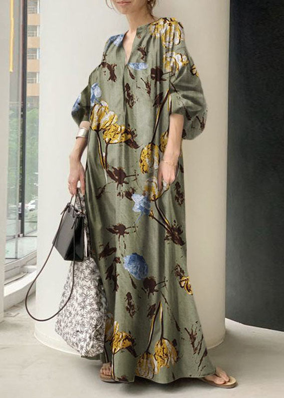 Green V Neck Print Cotton Dresses Lantern Sleeve