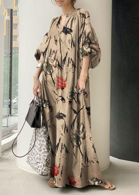 Green V Neck Print Cotton Dresses Lantern Sleeve