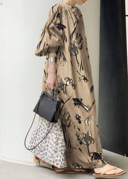 Green V Neck Print Cotton Dresses Lantern Sleeve