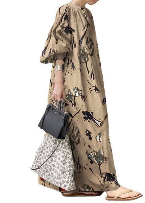 Green V Neck Print Cotton Dresses Lantern Sleeve