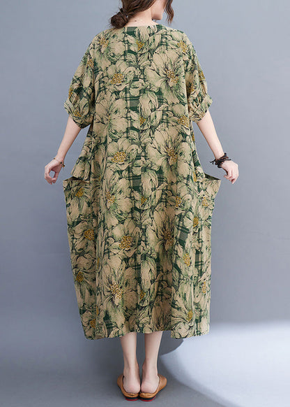 Green V Neck Print Wrinkled Holiday Long Dress Summer