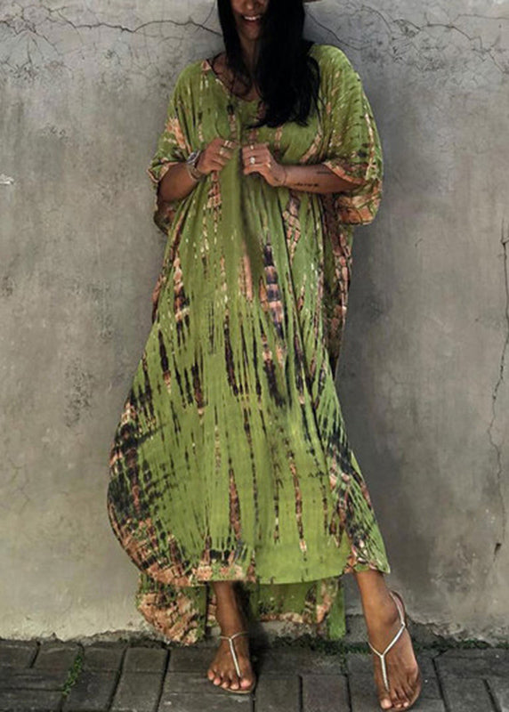 Green V Neck Striped Print Beach Dress Summer