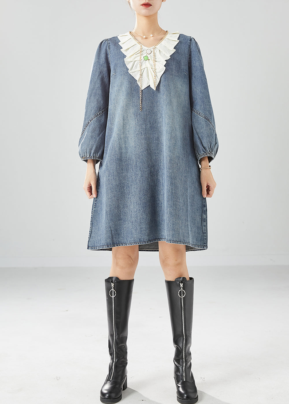 Grey Blue Ruffles Patchwork Denim Maxi Dress Summer