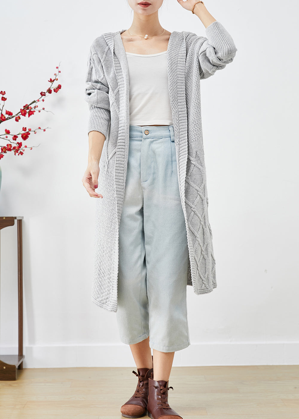 Grey Hooded Oversized Knit Long Cardigans Fall