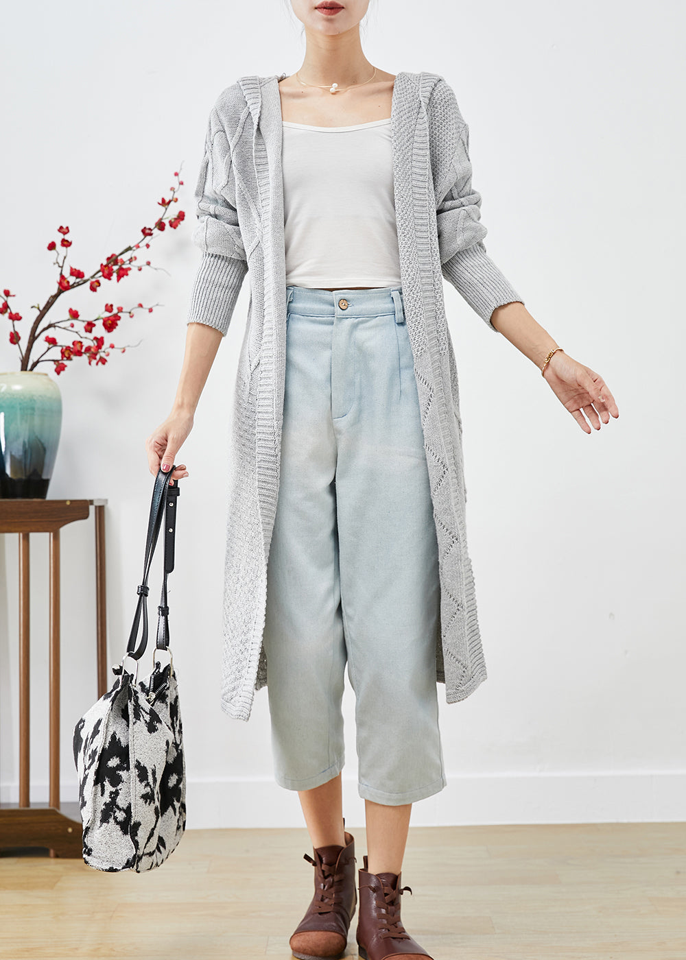 Grey Hooded Oversized Knit Long Cardigans Fall