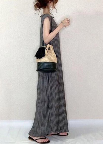 Grey O-neck Long Pleated Dress Summer