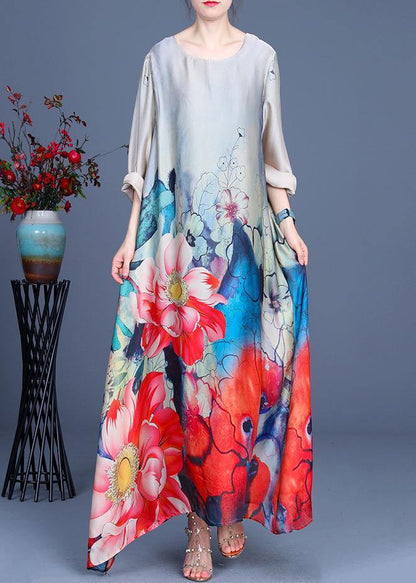 Grey Print Asymmetrical Design Silk Summer Mid Dress