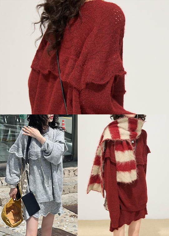 Grey Ruffled Patchwork Knit Pullover Winter