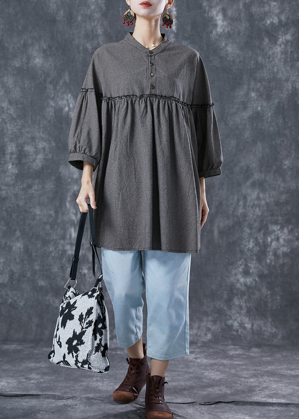 Grey Ruffled Patchwork Plaid Linen Mid Dress Summer