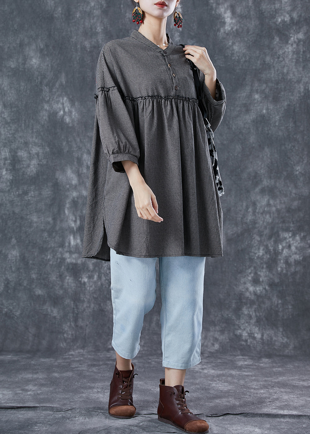 Grey Ruffled Patchwork Plaid Linen Mid Dress Summer