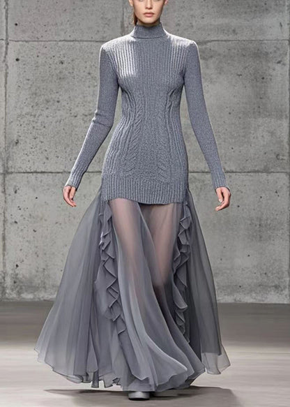 Grey Ruffled Patchwork Tulle Knit Dress Winter