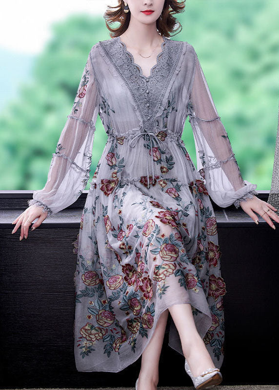 Grey V Neck Patchwork Embroideried Tulle Cinched Dress Spring