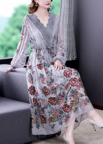 Grey V Neck Patchwork Embroideried Tulle Cinched Dress Spring