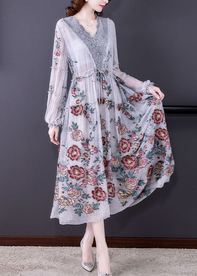 Grey V Neck Patchwork Embroideried Tulle Cinched Dress Spring