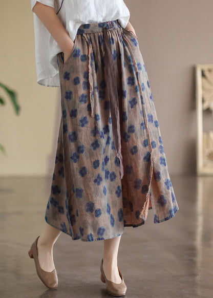 Black Flower Elastic Waist Print Linen Skirts Summer