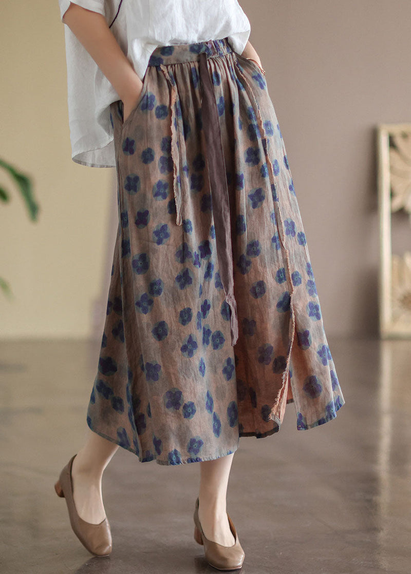 Black Flower Elastic Waist Print Linen Skirts Summer