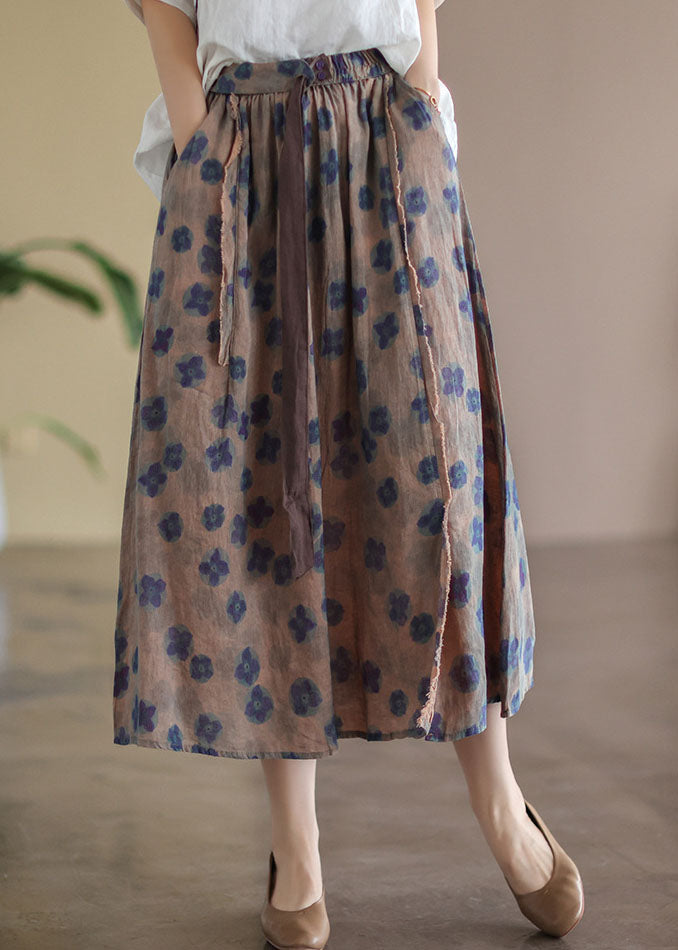 Red Geometry Elastic Waist Print Linen Skirts Summer