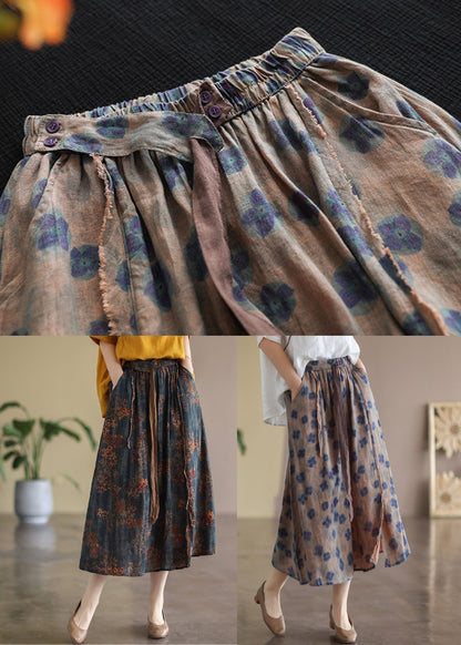 Red Geometry Elastic Waist Print Linen Skirts Summer