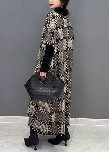 Khaki Hign Neck Plaid Knit Maxi Dresses Winter