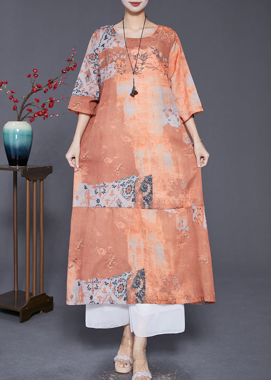Khaki O-neck Patchwork Print Linen Vacation Dresses Bracelet Sleeve
