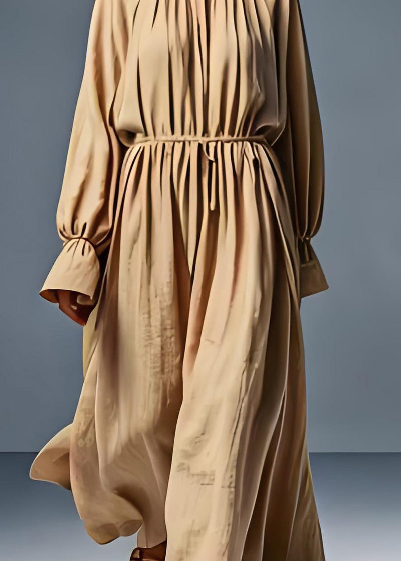 Khaki O Neck Wrinkled Cotton Dress Long Sleeve