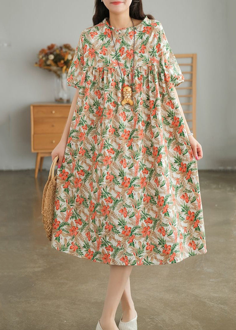 Khaki Oversized Print Cotton a Line Dresses Short Sleeve